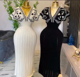Women's Spring Elegant V-Neck High Waist Knit Jacquard Long Dress