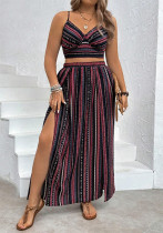 Plus Size Women's Bohemian Stripe Print Strap Top & High Slit Skirt Holiday Casual Two-Piece Set Plus Size Women's Bohemian Stripe Print Strap Top & High Slit Skirt Holiday Casual Two-Piece Set