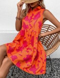 Women's Sleeveless Pleated Floral Print Button Shirt Dress