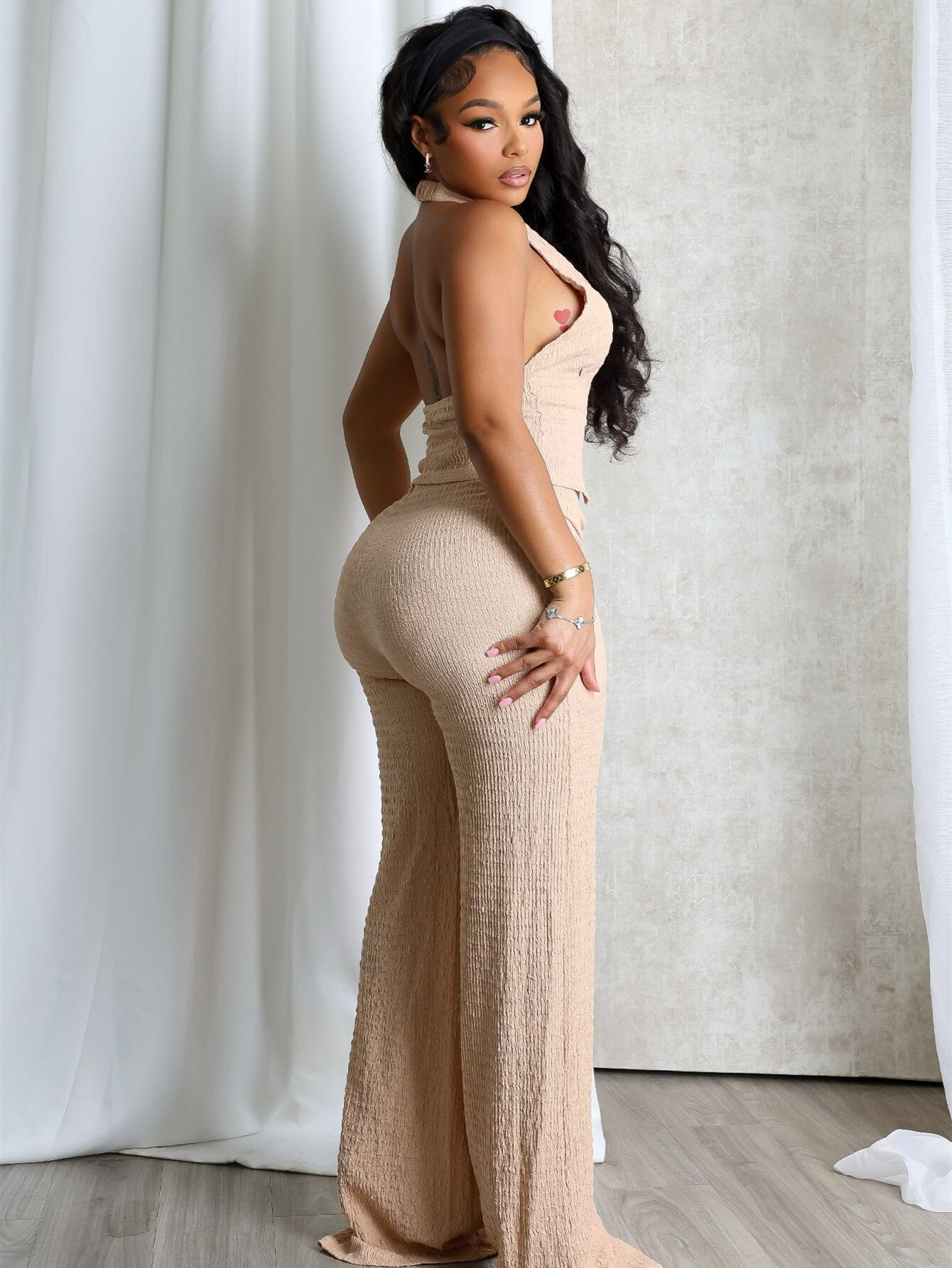 Summer Halter Neck Sleeveless Low Back V Neck Button Sexy Fashion Jumpsuit