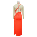 Fashionable women's solid color slash shoulder sexy slit dress