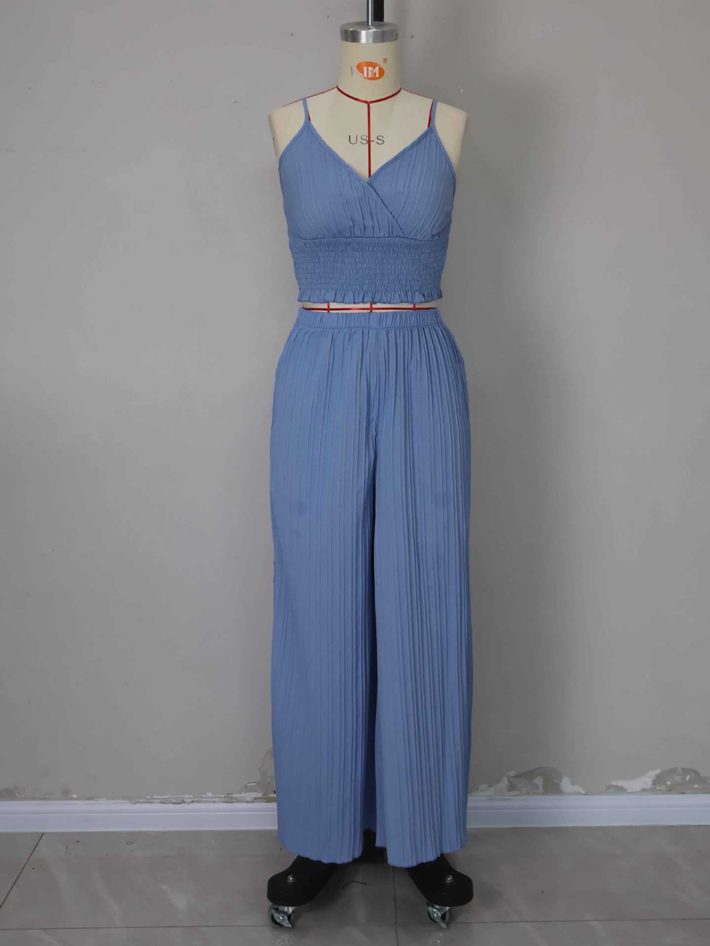 Women's Solid Color Straps Vest Straight Slit Casual Pants Summer Two-Piece Set