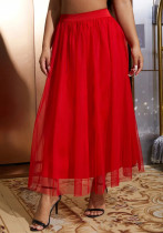 Women's High Waist Red Mesh A-Line Long Skirt