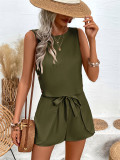 Women Solid button lotus leaf Lace-Up bow sleeveless top and shorts two-piece set