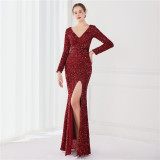 Winter Elegant Green Deep v Neck Long Sleeve Slit Cocktail Eevening Dress