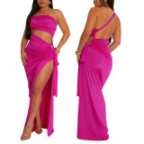Fashionable women's solid color slash shoulder sexy slit dress