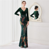 Winter Elegant Green Veet With Sequ Deep v Neck Long Sleeve Slit Cocktail Eevening Dress