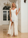 Wedding Dresses V-Neck Puffy White Lace Trailing Gowns