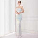 Summer Elegant Black One Shoulder Sleeveless Sequ Mermaid Evening Dress