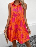 Women's Sleeveless Pleated Floral Print Button Shirt Dress
