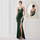 Spring Sequin Patch Dark Blue v Neck Straps Slit Formal Cocktail Evening Dress