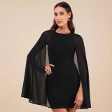 Solid color Mesh Cape Patchwork Round Neck Slim Dress
