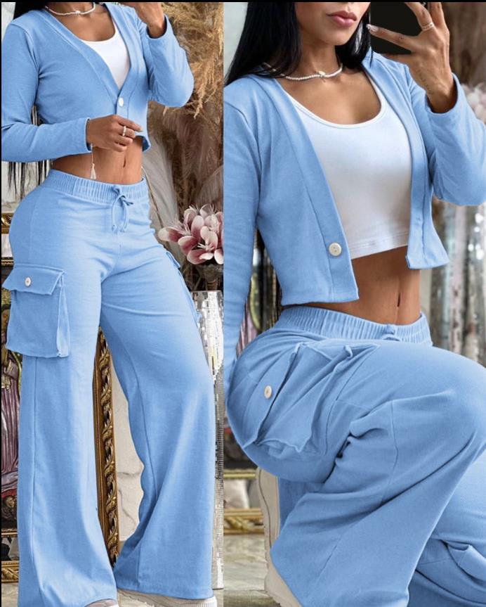 Fashionable casual solid color long sleeve two piece pants set women's clothing