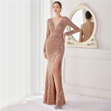 Winter Elegant Gray Sequ Mesh Patch Long Sleeve Slit Mermaid Formal Cocktail Evening Dress