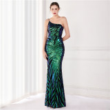 Summer Elegant Black One Shoulder Sleeveless Sequ Mermaid Evening Dress