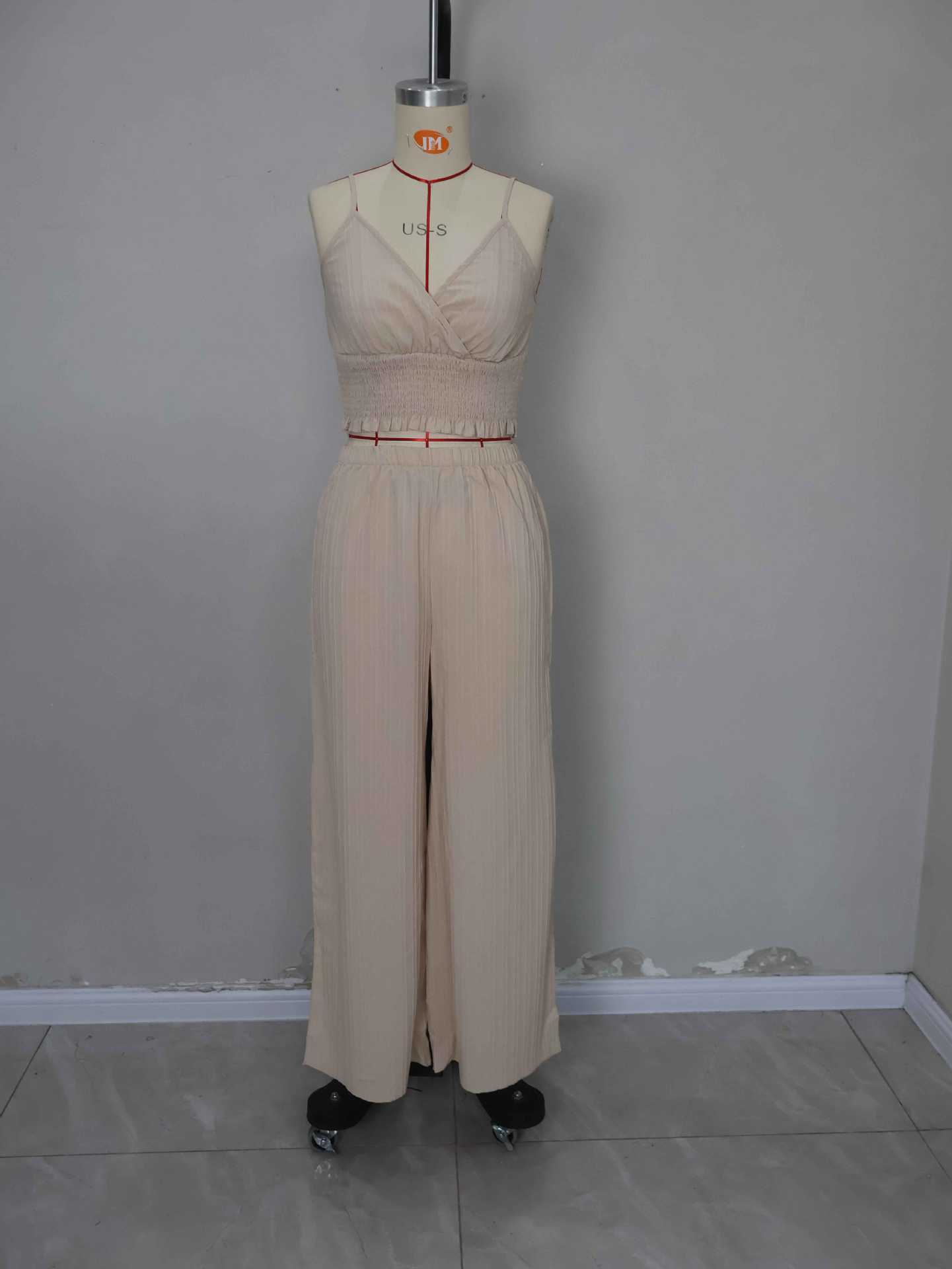 Women's Solid Color Straps Vest Straight Slit Casual Pants Summer Two-Piece Set