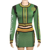 Autumn Letter Knit Zipper Ribbed Long Sleeve High Waist Two Piece Short Skirt Set