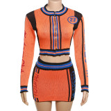 Autumn Letter Knit Zipper Ribbed Long Sleeve High Waist Two Piece Short Skirt Set