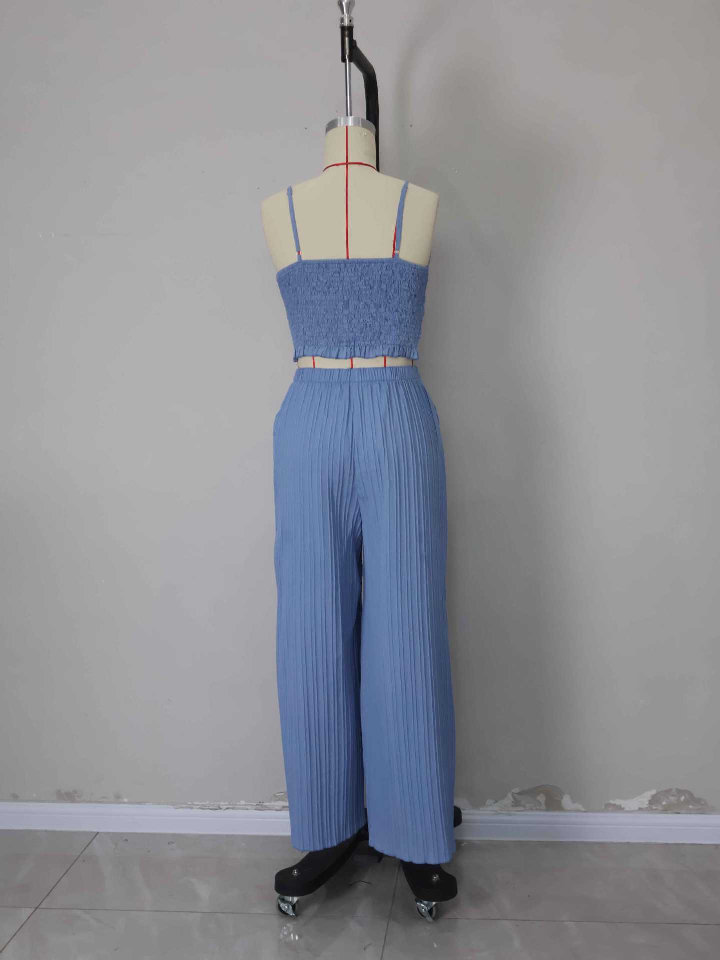 Women's Solid Color Straps Vest Straight Slit Casual Pants Summer Two-Piece Set