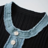 Denim Patchwork Round Neck Metal Button Slim Women's Knit Dress