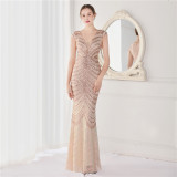 Summer Elegant v Neck Tassels Short Sleeve Sequ Stripe Mermaid Evening Dress