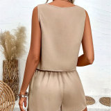 Women Solid button lotus leaf Lace-Up bow sleeveless top and shorts two-piece set