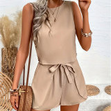 Women Solid button lotus leaf Lace-Up bow sleeveless top and shorts two-piece set