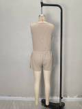 Women Solid button lotus leaf Lace-Up bow sleeveless top and shorts two-piece set
