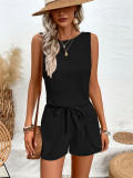 Women Solid button lotus leaf Lace-Up bow sleeveless top and shorts two-piece set