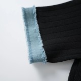 Denim Patchwork Round Neck Metal Button Slim Women's Knit Dress