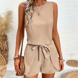 Women Solid button lotus leaf Lace-Up bow sleeveless top and shorts two-piece set