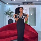 Women's Spring Elegant V-Neck High Waist Knit Jacquard Long Dress