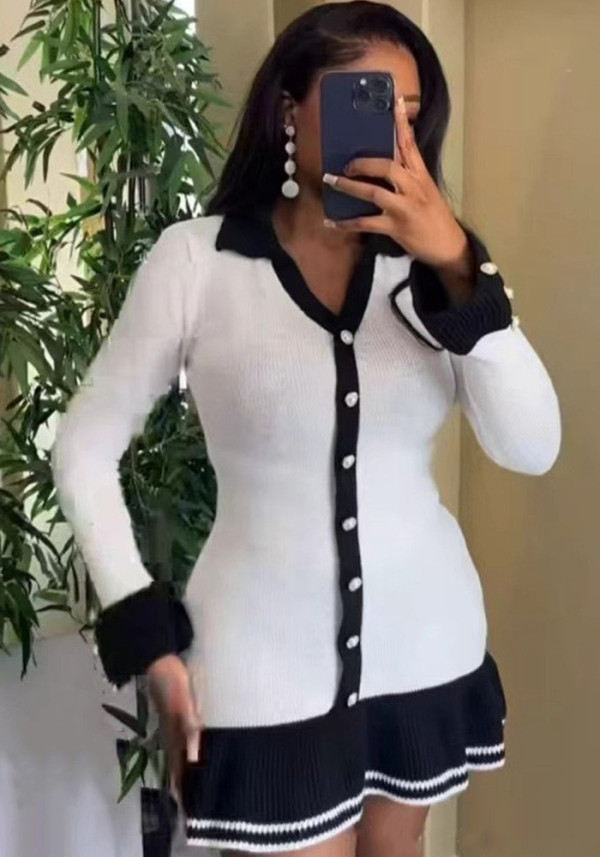 Ruffle Slim V-Neck Knit Long Sleeve Sexy Elegant Dress