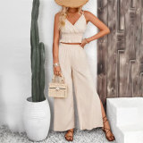 Women's Solid Color Straps Vest Straight Slit Casual Pants Summer Two-Piece Set