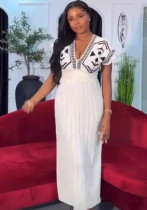 Women's Spring Elegant V-Neck High Waist Knit Jacquard Long Dress