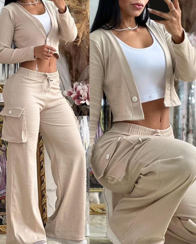 Fashionable casual solid color long sleeve two piece pants set women's clothing