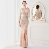 Winter Elegant Green Veet With Sequ Deep v Neck Long Sleeve Slit Cocktail Eevening Dress