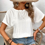 Solid Color Knit Embroidery Hollow Short-Sleeve Spring Summer Tops