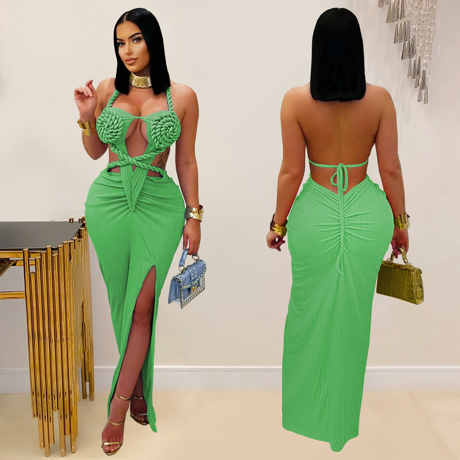 Women sexy knitting Halter Neck Backless Solid Dress