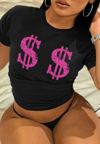 Women Letter Print Round Neck Short Sleeve T-shirt