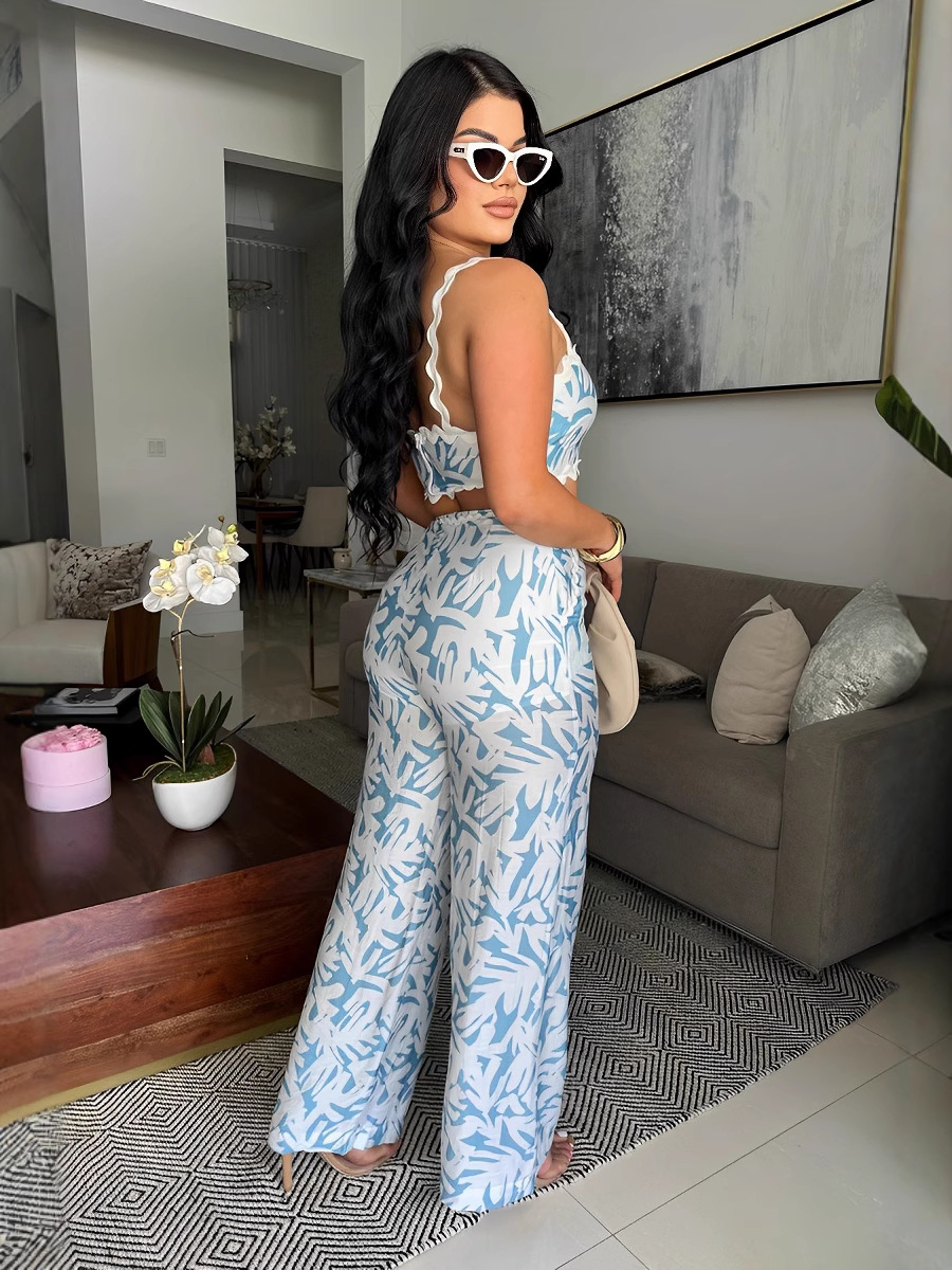 Women summer print sexy suspender wrap chest lace contrast color Top and Bell Bottom Pants Two Piece Set
