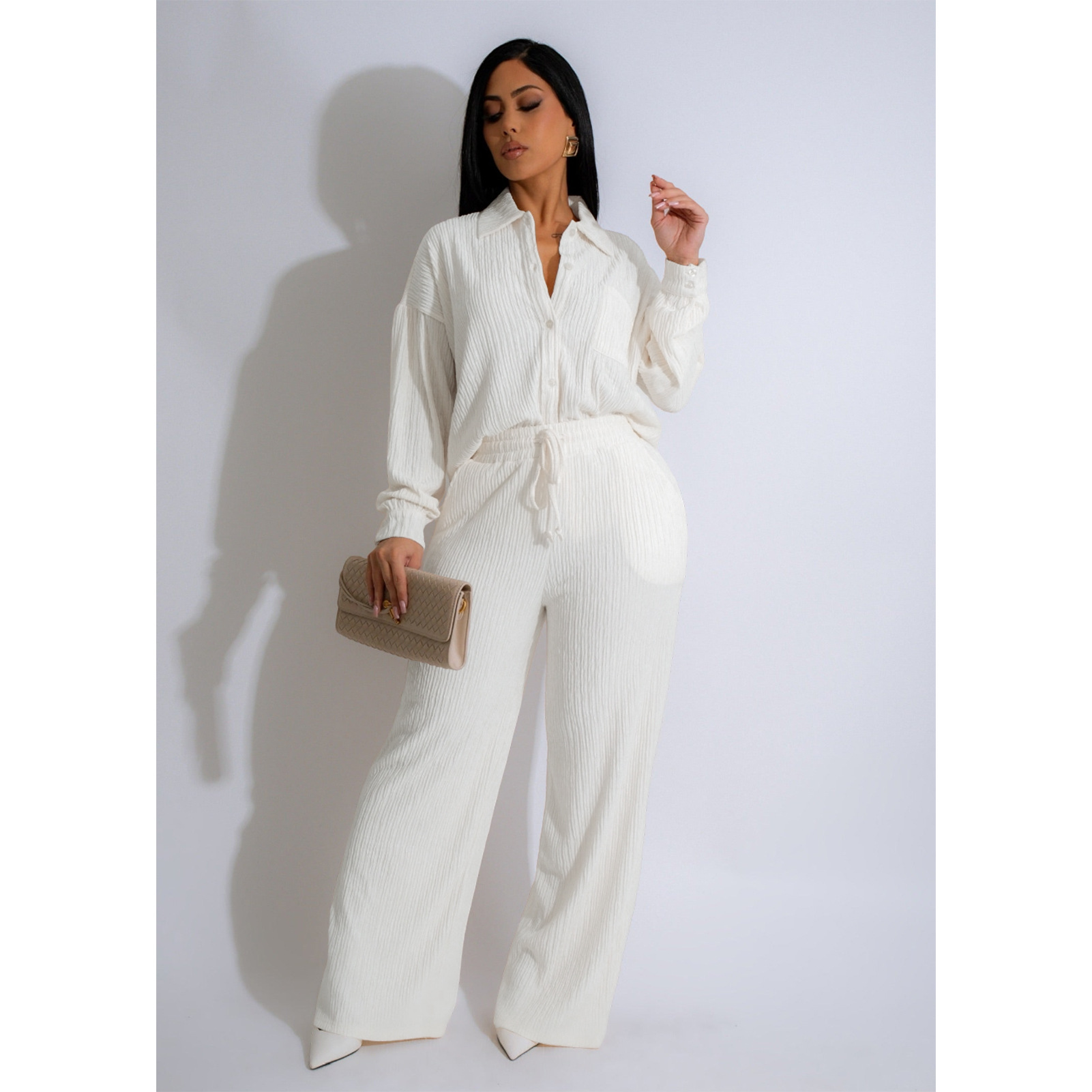 Women Crumpled Lace-Up Top and Pocket Wide Leg Pants Two Piece Set