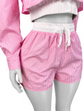 Women Turndown Collar Striped Long Sleeve Shirt Patchwork Shorts Two Piece Set