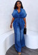 Women Summer Lace-up Turndown Collar Short Sleeve Wide Leg Jumpsuit