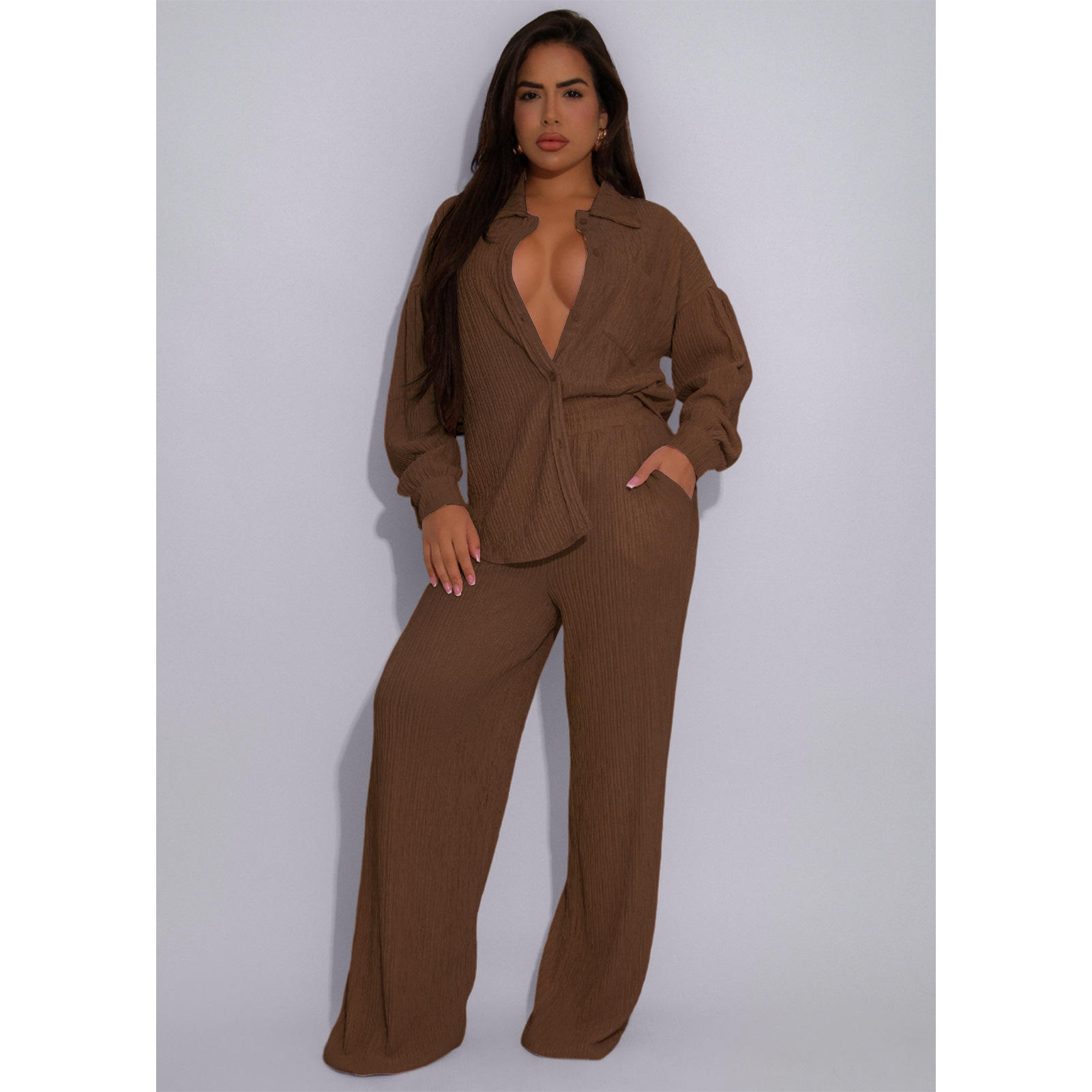 Women Crumpled Lace-Up Top and Pocket Wide Leg Pants Two Piece Set
