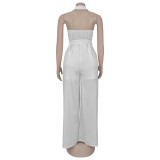 Women Summer Casual Solid V-neck Backless Jumpsuit