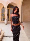 Women Summer Polka Dot Print Crop Strapless Top and Skirt Two Piece Set