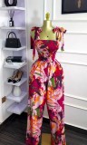 Women Summer Sleeveless Bow Tie Strapless Print Jumpsuit