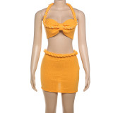 Women Summer Style Casual Solid Knitting Halter Neck Top and Skirt Two Piece Set