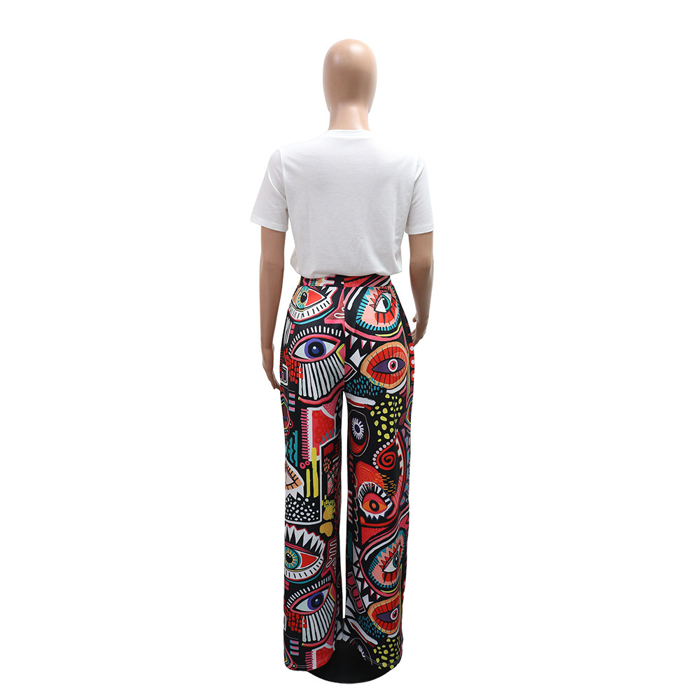 Women Printed Round Neck Short Sleeve Top and Wide Leg Pants Two Piece Set
